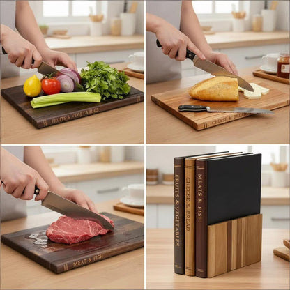 3 Piece Wood Cutting Board Set with Stand, Thick Bamboo Chopping Boards for Meat and Vegetables