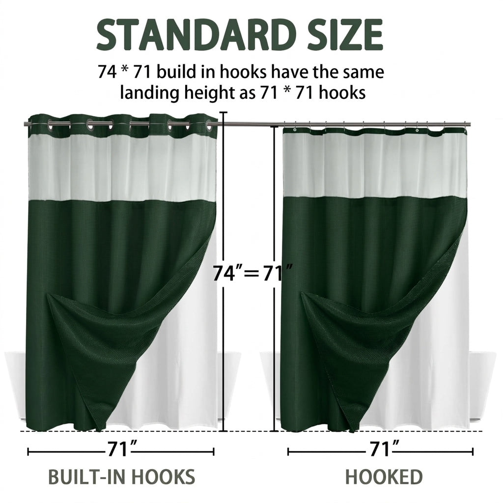 No Hook Waffle Weave Shower Curtain with Snap In Liner, 71 x 74 in Polyester Bathroom Curtain