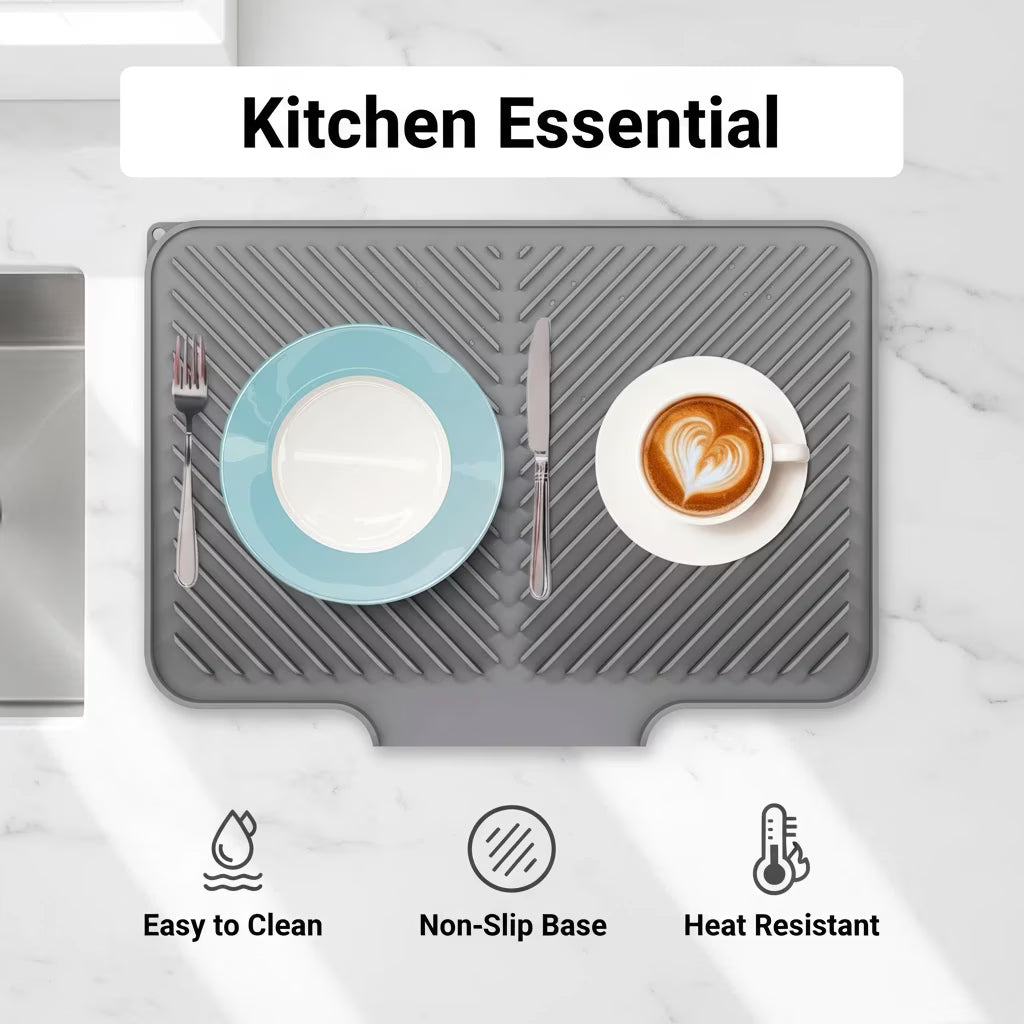 Silicone Dish Drying Mat with Built In Drain, Heat Resistant Countertop Drain Pad for Kitchen Sink