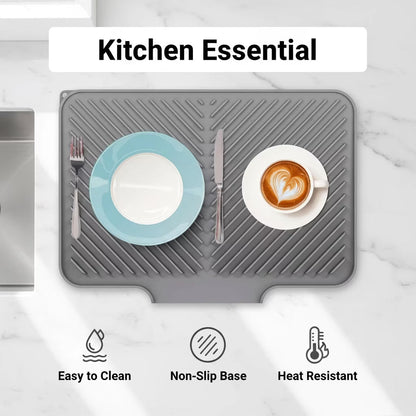 Silicone Dish Drying Mat with Built In Drain, Heat Resistant Countertop Drain Pad for Kitchen Sink