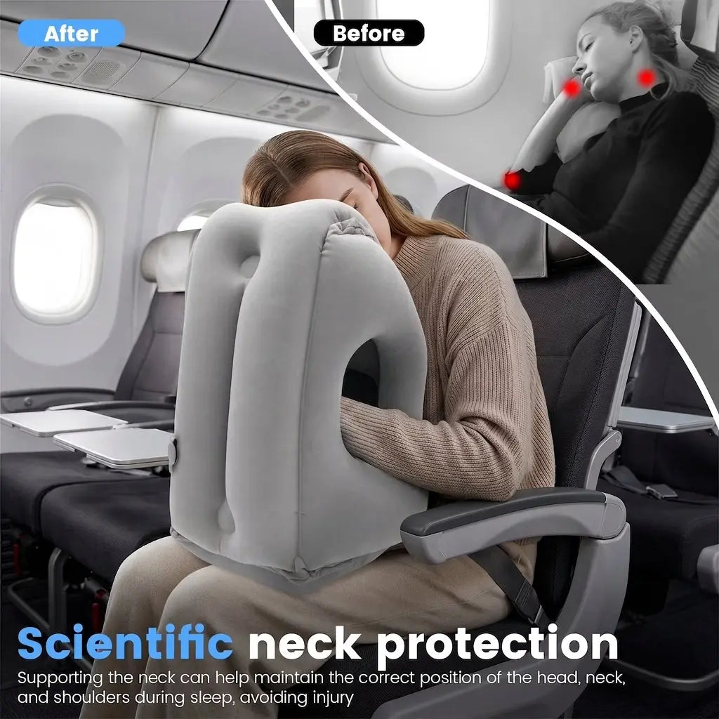 Inflatable Travel Pillow with Chin Support, Adjustable Air Headrest for Planes and Trains
