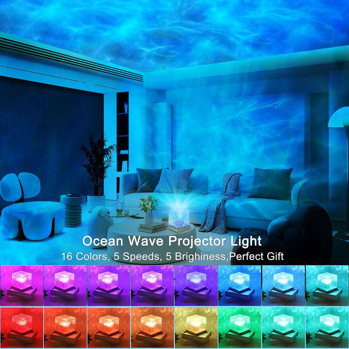 Ocean Wave Projector Light, 16 Color LED Cube Night Lamp with Remote for Bedroom Ambient Lighting