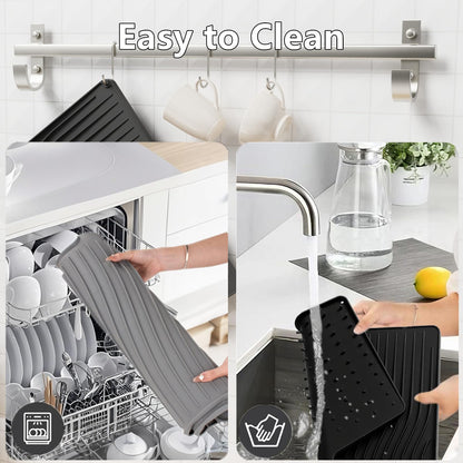 Silicone Dish Drying Mat with Built In Drain, Heat Resistant Countertop Drain Pad for Kitchen Sink