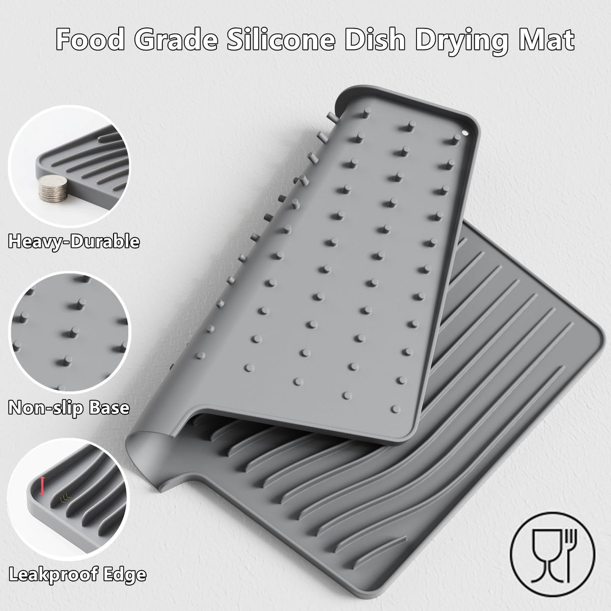 Silicone Dish Drying Mat with Built In Drain, Heat Resistant Countertop Drain Pad for Kitchen Sink