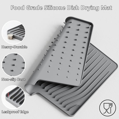 Silicone Dish Drying Mat with Built In Drain, Heat Resistant Countertop Drain Pad for Kitchen Sink