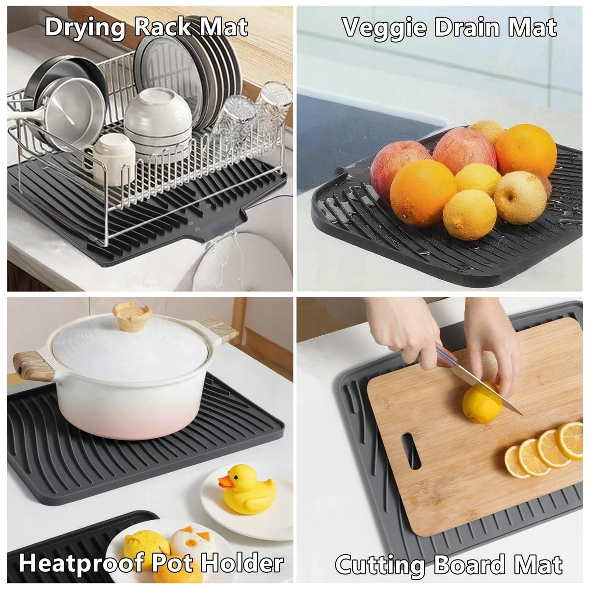 Silicone Dish Drying Mat with Built In Drain, Heat Resistant Countertop Drain Pad for Kitchen Sink