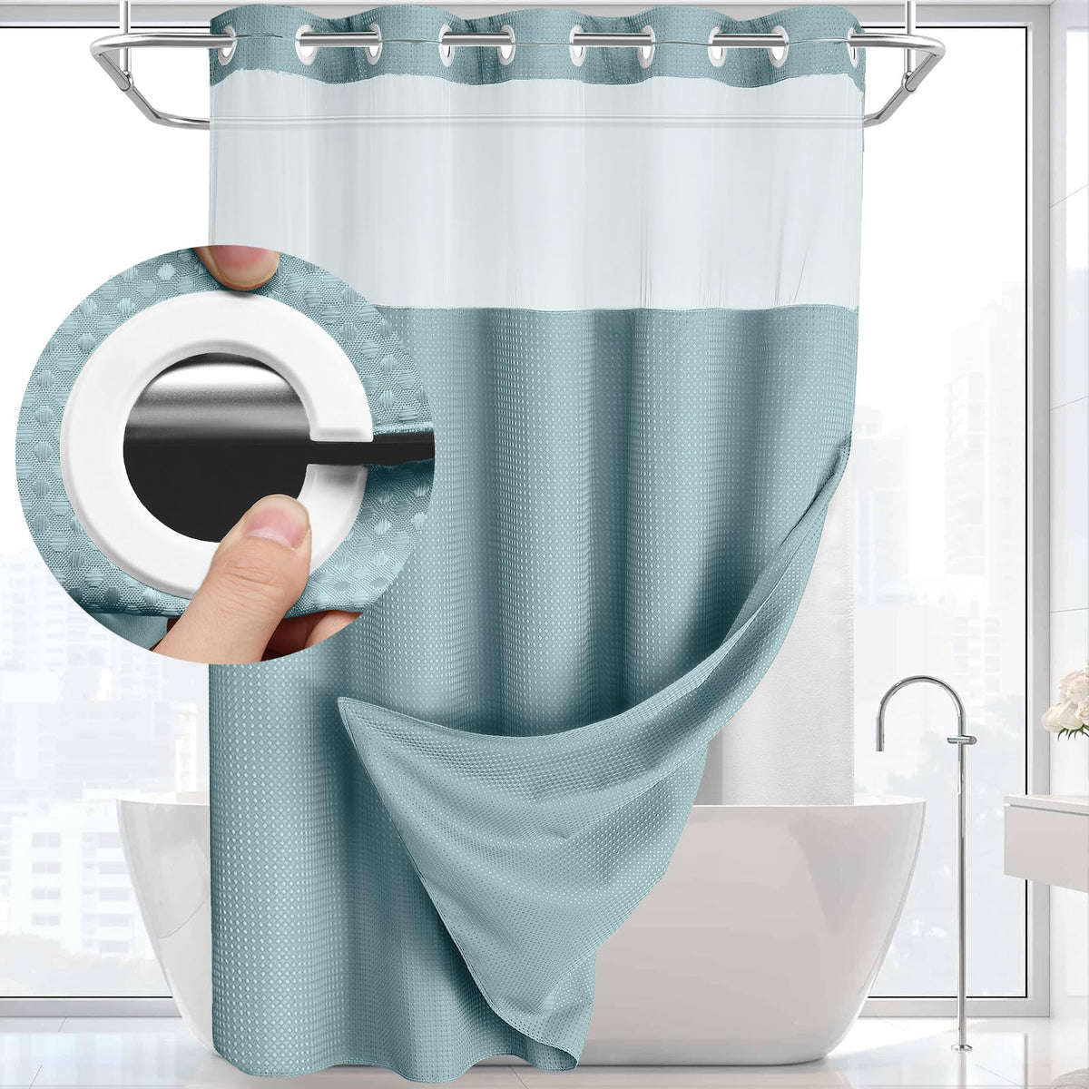No Hook Waffle Weave Shower Curtain with Snap In Liner, 71 x 74 in Polyester Bathroom Curtain