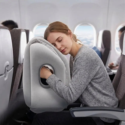 Inflatable Travel Pillow with Chin Support, Adjustable Air Headrest for Planes and Trains