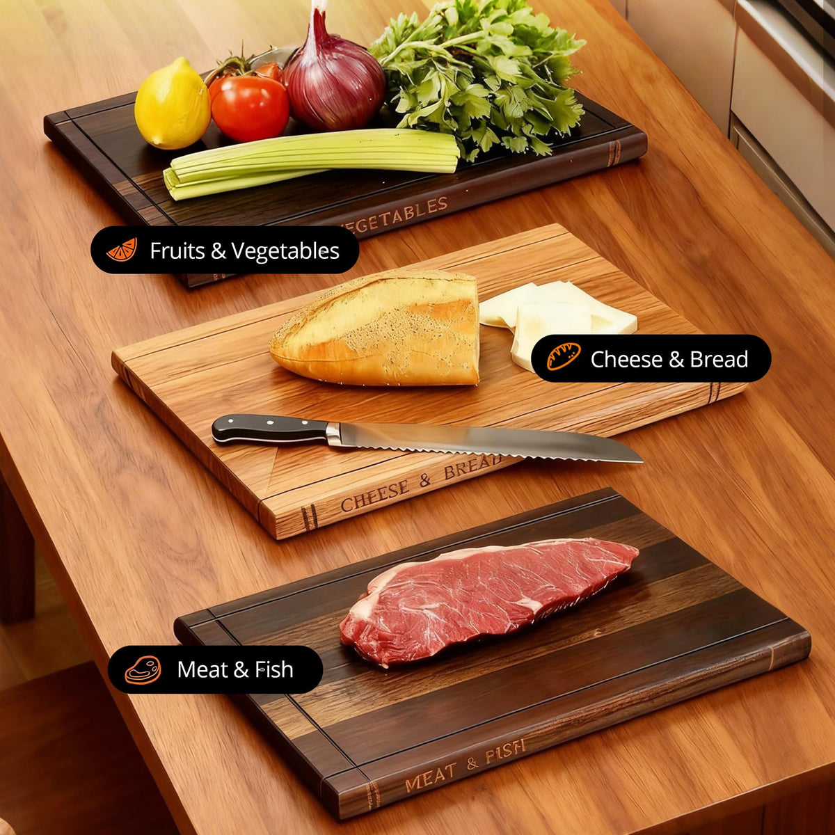 3 Piece Wood Cutting Board Set with Stand, Thick Bamboo Chopping Boards for Meat and Vegetables