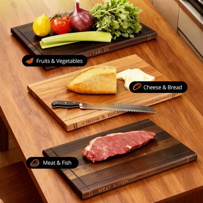 3 Piece Wood Cutting Board Set with Stand, Thick Bamboo Chopping Boards for Meat and Vegetables