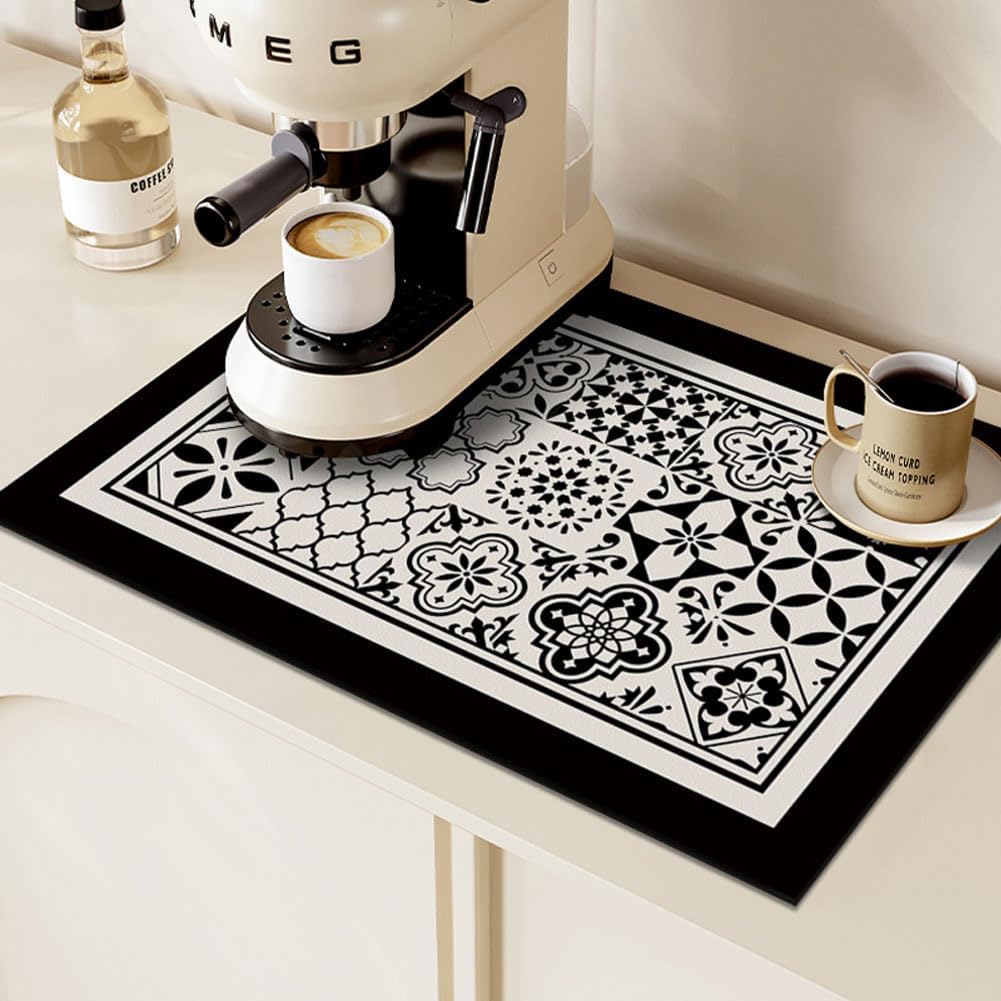 Absorbent Coffee Bar Mat, Quick Dry Dish Drying Pad for Kitchen Counter, Non Slip Retro Design