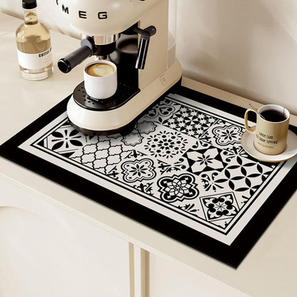Absorbent Coffee Bar Mat, Quick Dry Dish Drying Pad for Kitchen Counter, Non Slip Retro Design