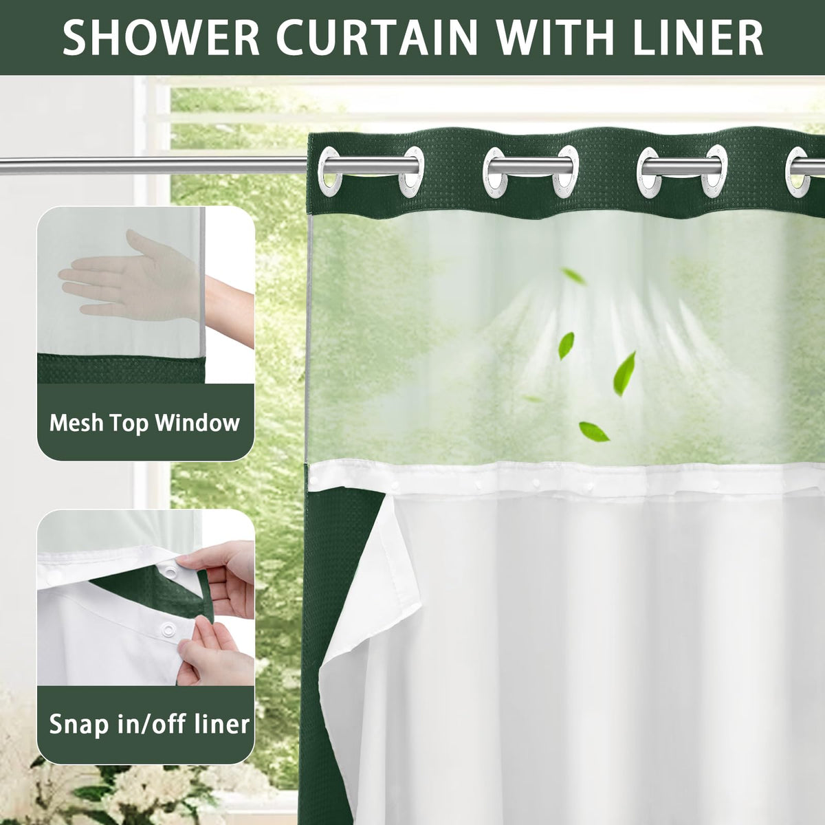 No Hook Waffle Weave Shower Curtain with Snap In Liner, 71 x 74 in Polyester Bathroom Curtain