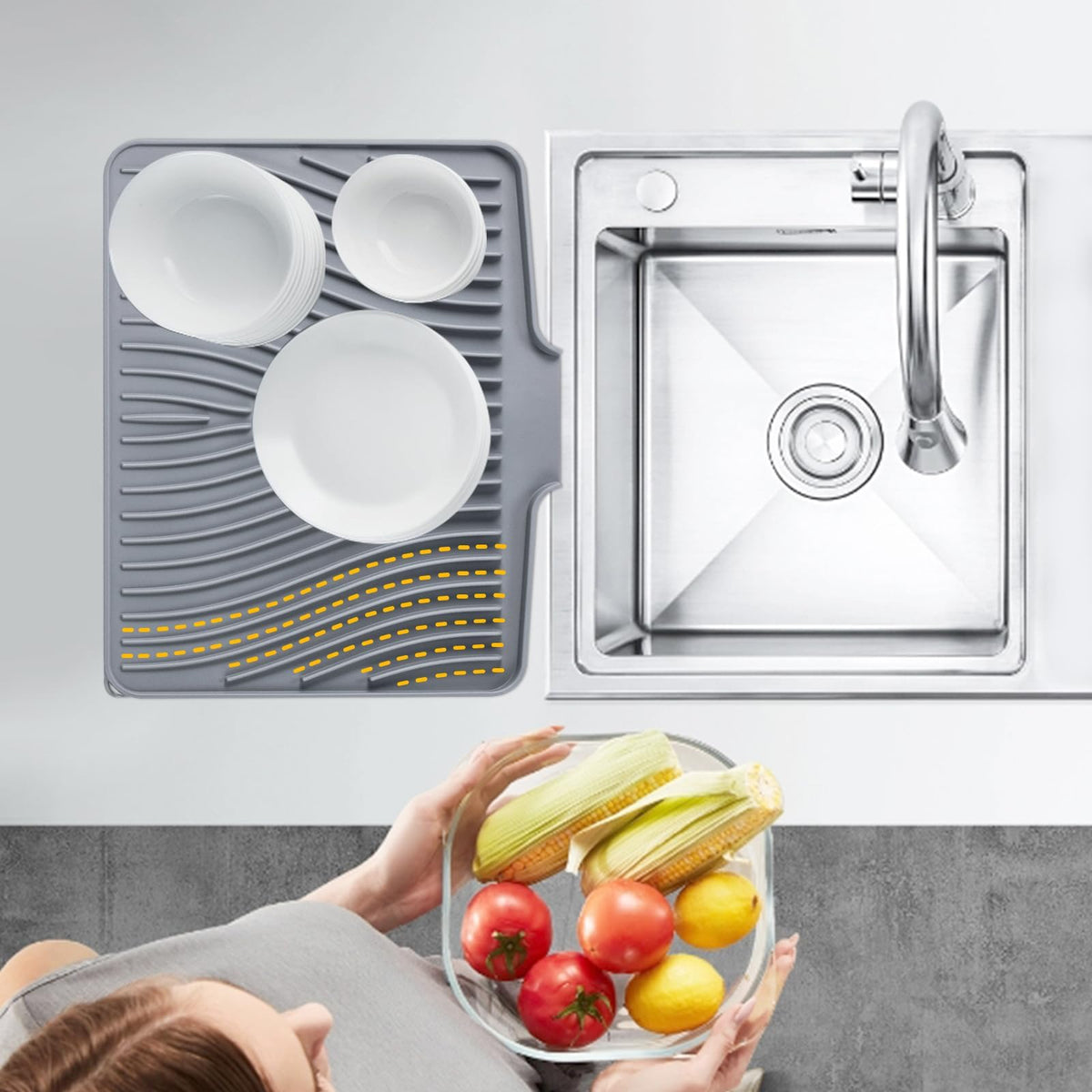 Silicone Dish Drying Mat with Built In Drain, Heat Resistant Countertop Drain Pad for Kitchen Sink