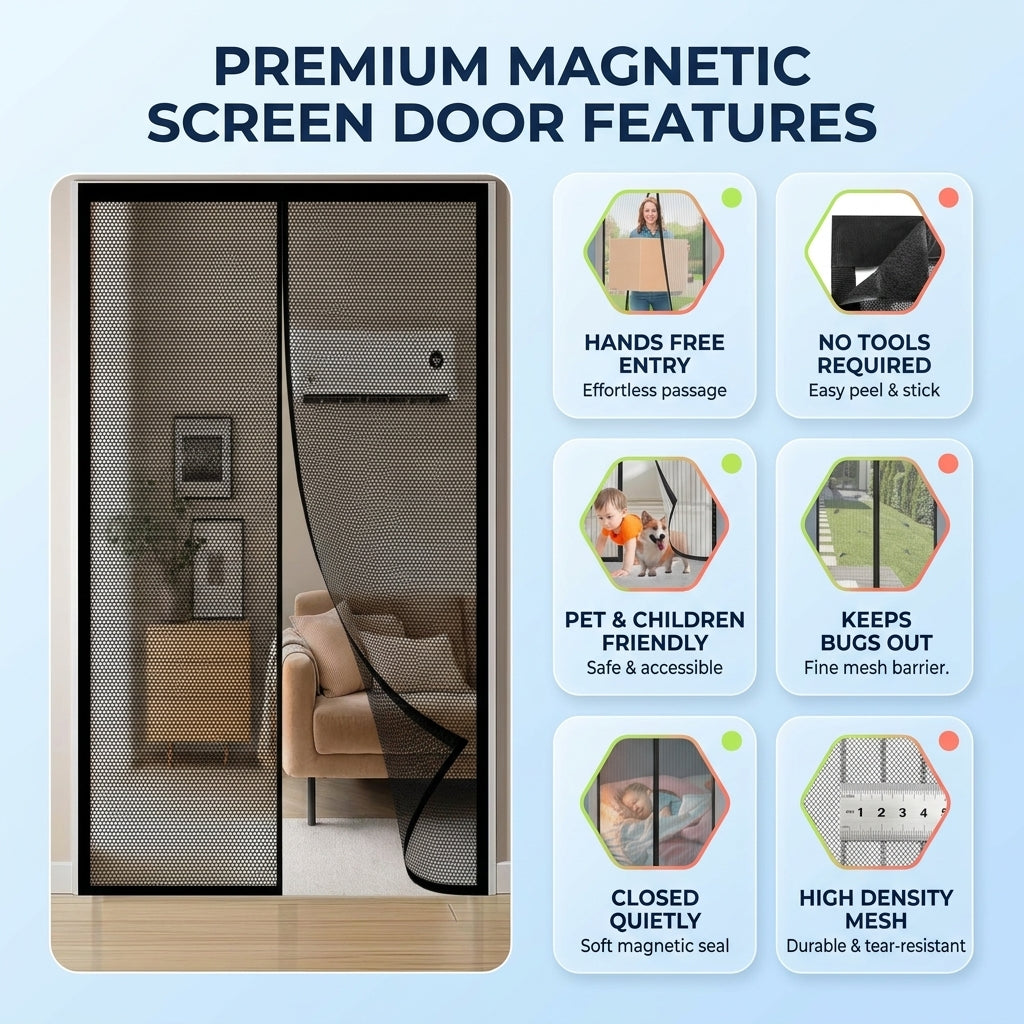 Magnetic Screen Door for Patio and Entry Doors, Self Closing Fiberglass Mesh Mosquito Curtain
