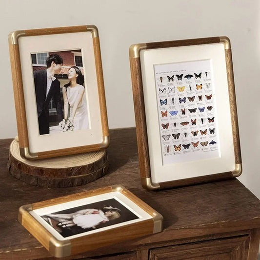Wood Tabletop Photo Frame with Brass Corners, Vintage Teak or Walnut Picture Frame in 6 Sizes