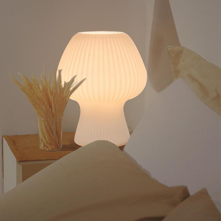Vintage Ribbed Glass Mushroom Lamp, Dimmable LED Bedside Table Lamp in Mid Century Style