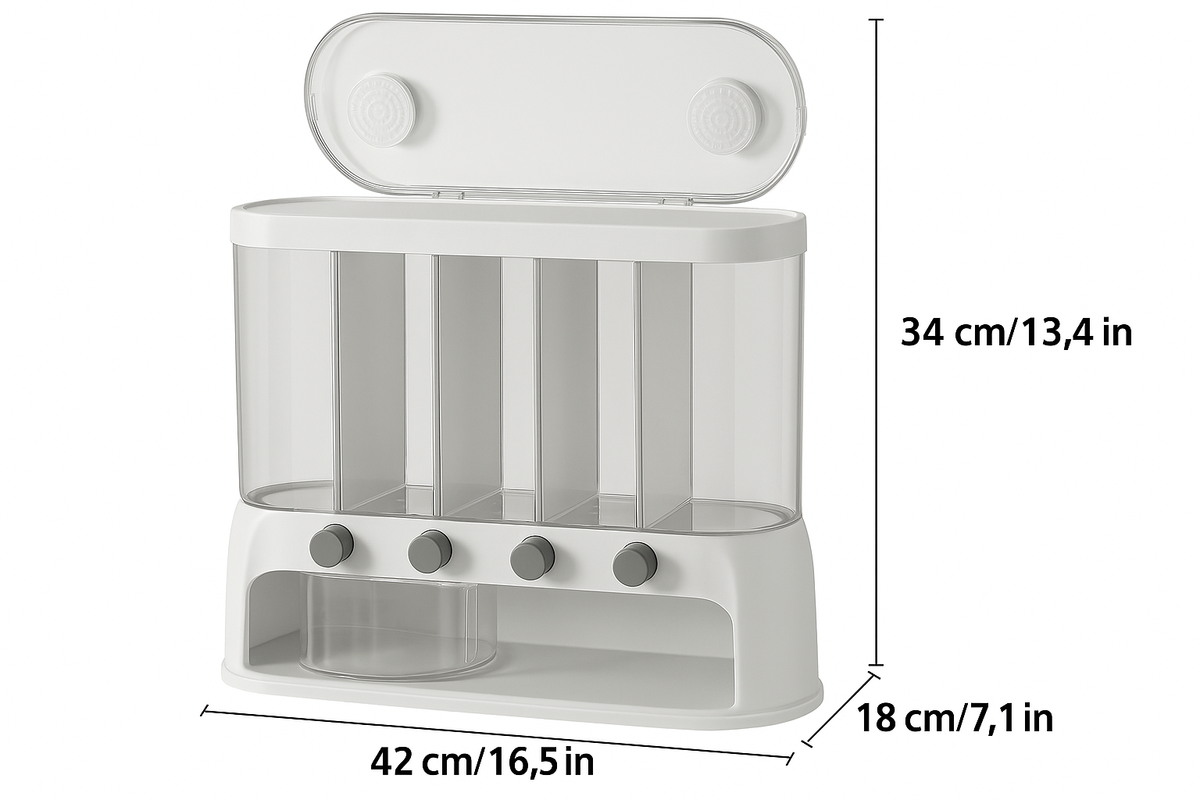 5 Compartment Dry Food Dispenser, Airtight Rice and Cereal Storage Container for Pantry