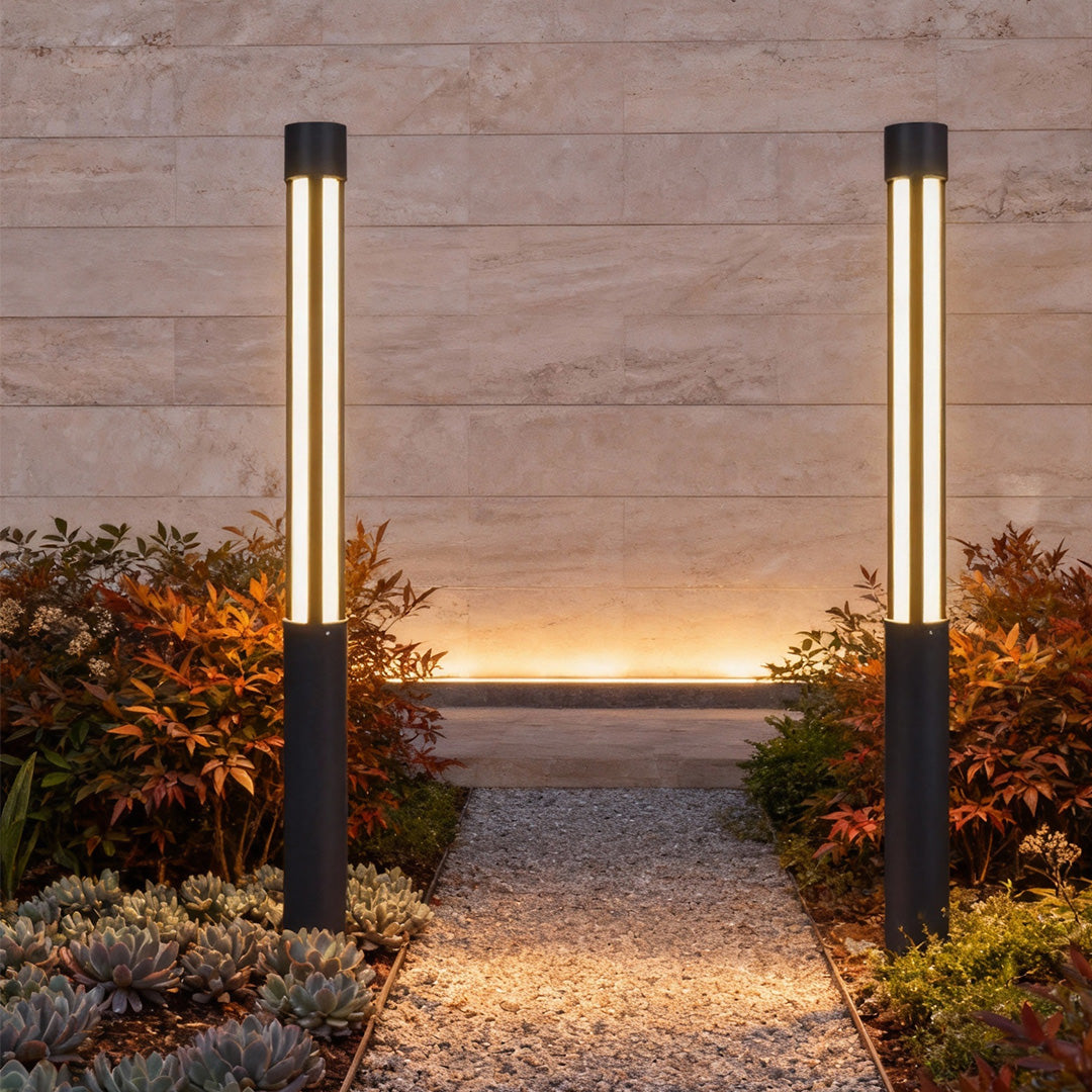 Modern Outdoor LED Bollard Light, Black Cylinder Pathway Light, 3000K Warm White, IP65