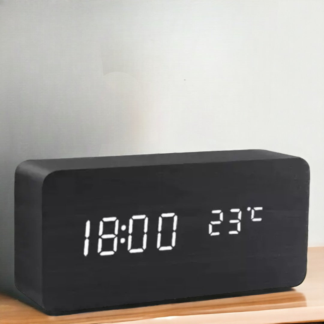Wood Effect LED Digital Alarm Clock with Voice Control & Temperature Display